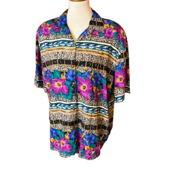 Vtg 90s Kathie Lee floral leopard striped oversized blouse - Picture 1 of 12